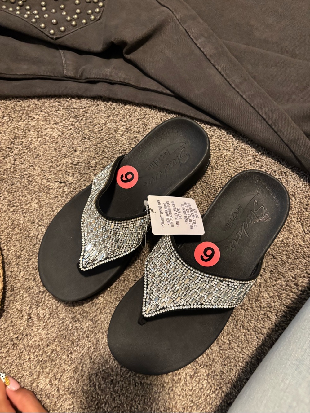 Skechers Women's Black Flip Flop Sandals with Silver Beaded Straps